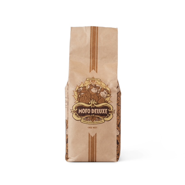 bag of Mofo deluxe premium drinking chocolate GMO and Gluten free