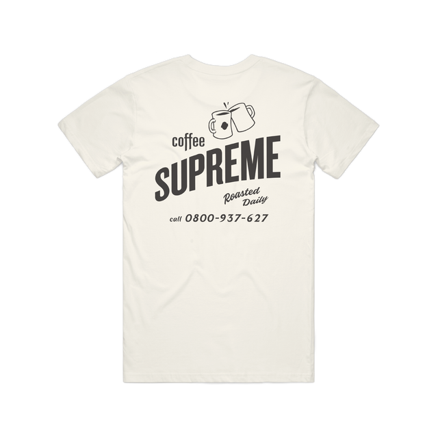 Coffee Supreme branded white tee shirt with black writing