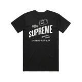 Coffee Supreme branded black tee shirt with white writing