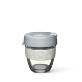 8oz KeepCup brew with glass cup with grey lid and white rubber band
